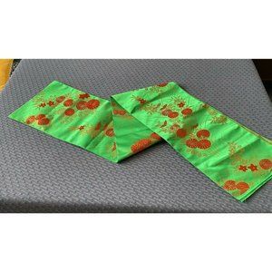 Vintage long Table Runner Oriental Satin Green Orange Floral 14 x 156